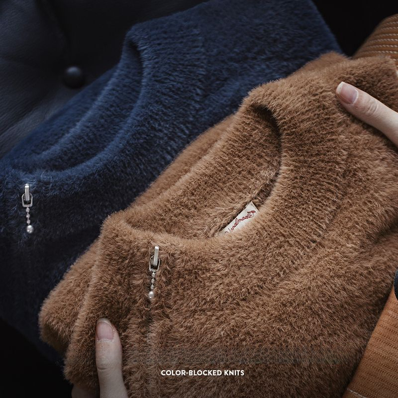 馬登女裝 美式拼色仿水貂絨毛衣寬鬆慵懶毛茸茸針織衫套頭圓領上衣冬女