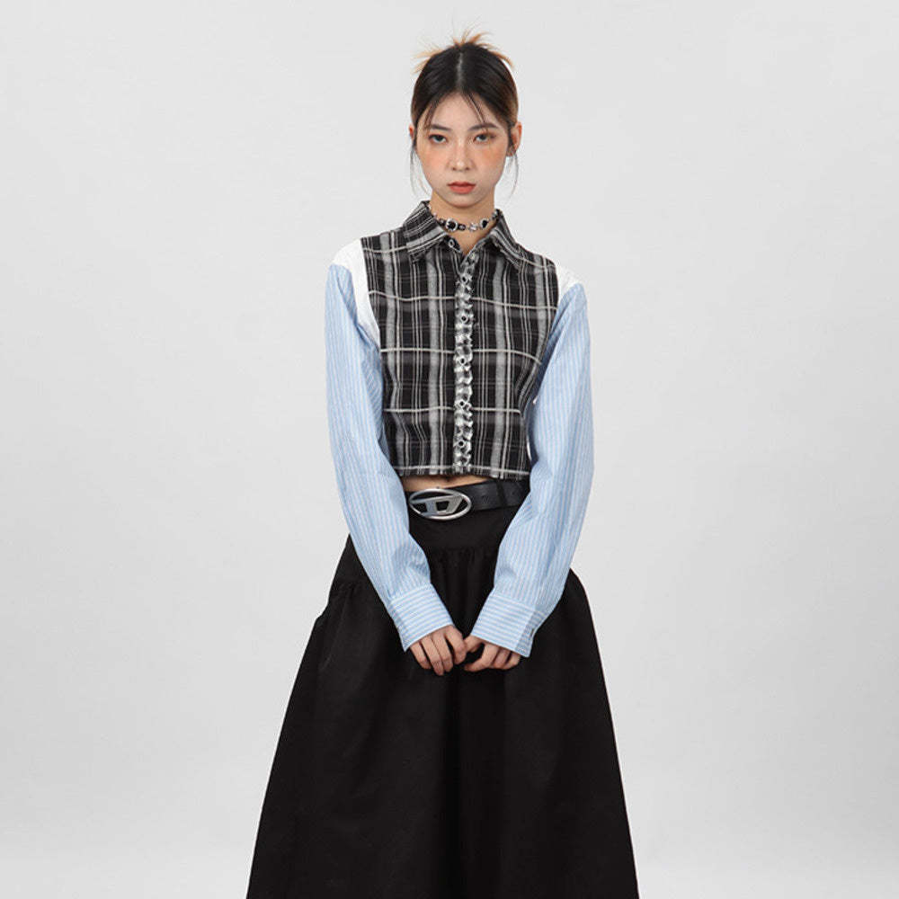 超短款拼接條紋襯衫女小眾設計款春秋長袖外套別致上衣