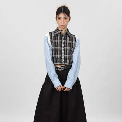 超短款拼接條紋襯衫女小眾設計款春秋長袖外套別致上衣