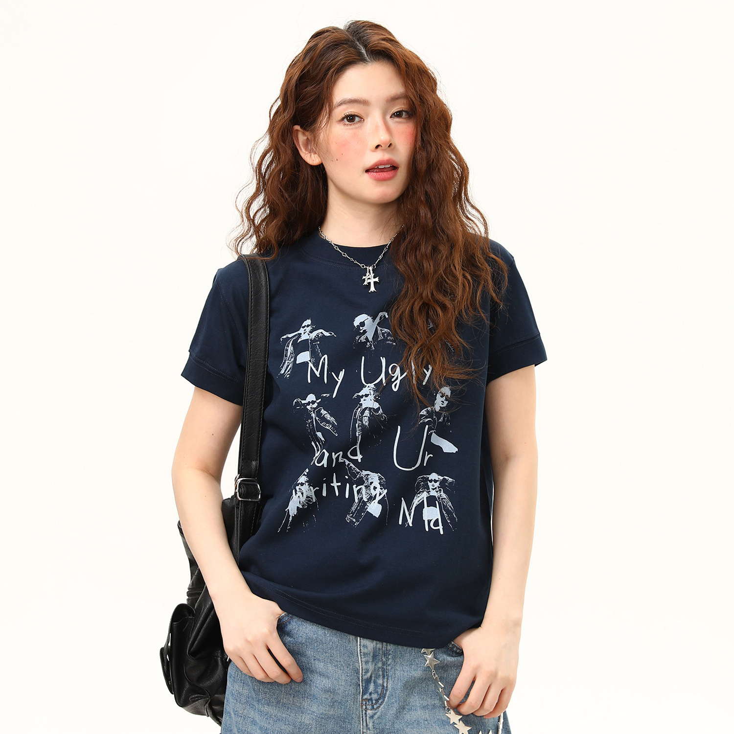 美式復古搖滾人像夏季潮流正肩短袖T恤女短寬鬆百搭上衣