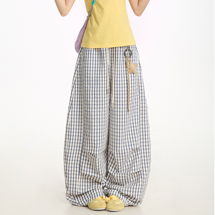 星星掛飾褲子夏季藍色格子直筒褲女垂感慵懶休閒闊腿褲ins
