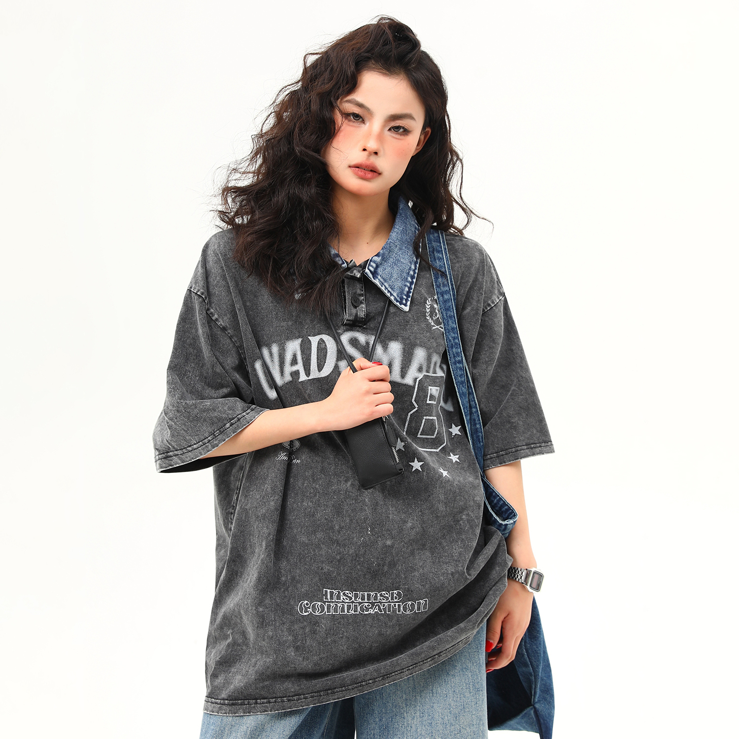 水洗重磅牛仔翻領設計感短袖T恤女夏季美式復古潮牌tee