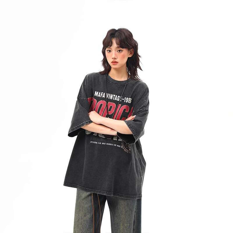 260G水洗重磅美式復古印花短袖T恤女夏季百搭中性上衣
