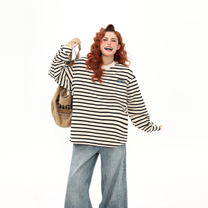 美式復古300G重磅條紋長袖T恤女早秋寬鬆上衣