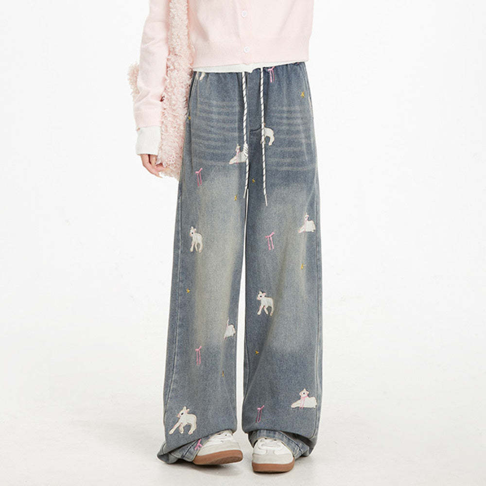 牛仔褲女春秋趣味小羊刺繡美式復古直筒褲子顯瘦闊腿長褲