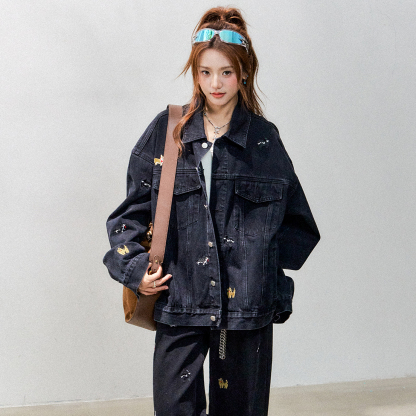 可愛猫狗刺繡牛仔外套女2025新款寬鬆慵懶小個子牛仔衣秋季