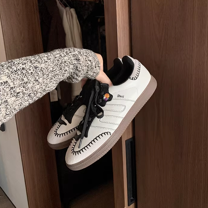 復古拼色手縫線運動休閒鞋板鞋女德訓鞋