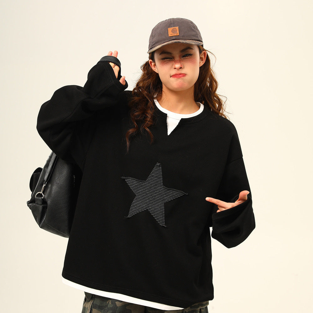 美式復古星星貼布亨利領高級感長袖衛衣女百搭上衣