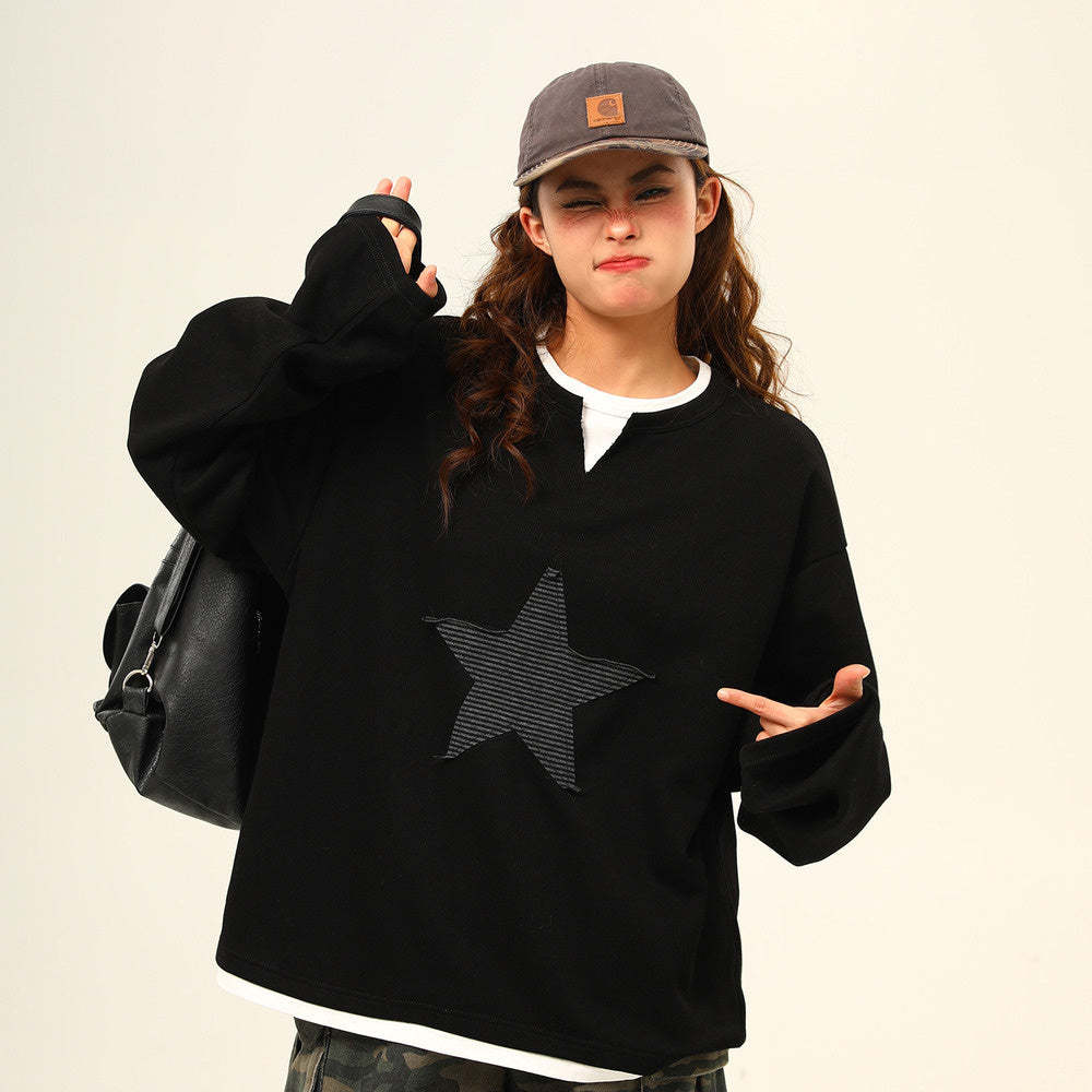 美式復古星星貼布亨利領高級感長袖衛衣女百搭上衣