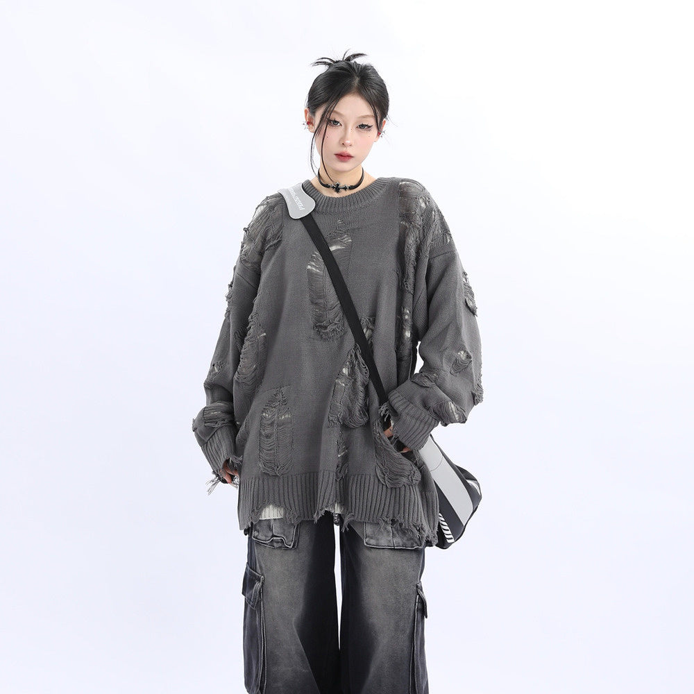 小眾設計感美式街頭破洞毛衣女寬鬆慵懶風oversize針織衫