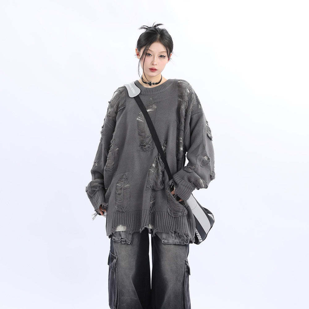 小眾設計感美式街頭破洞毛衣女寬鬆慵懶風oversize針織衫