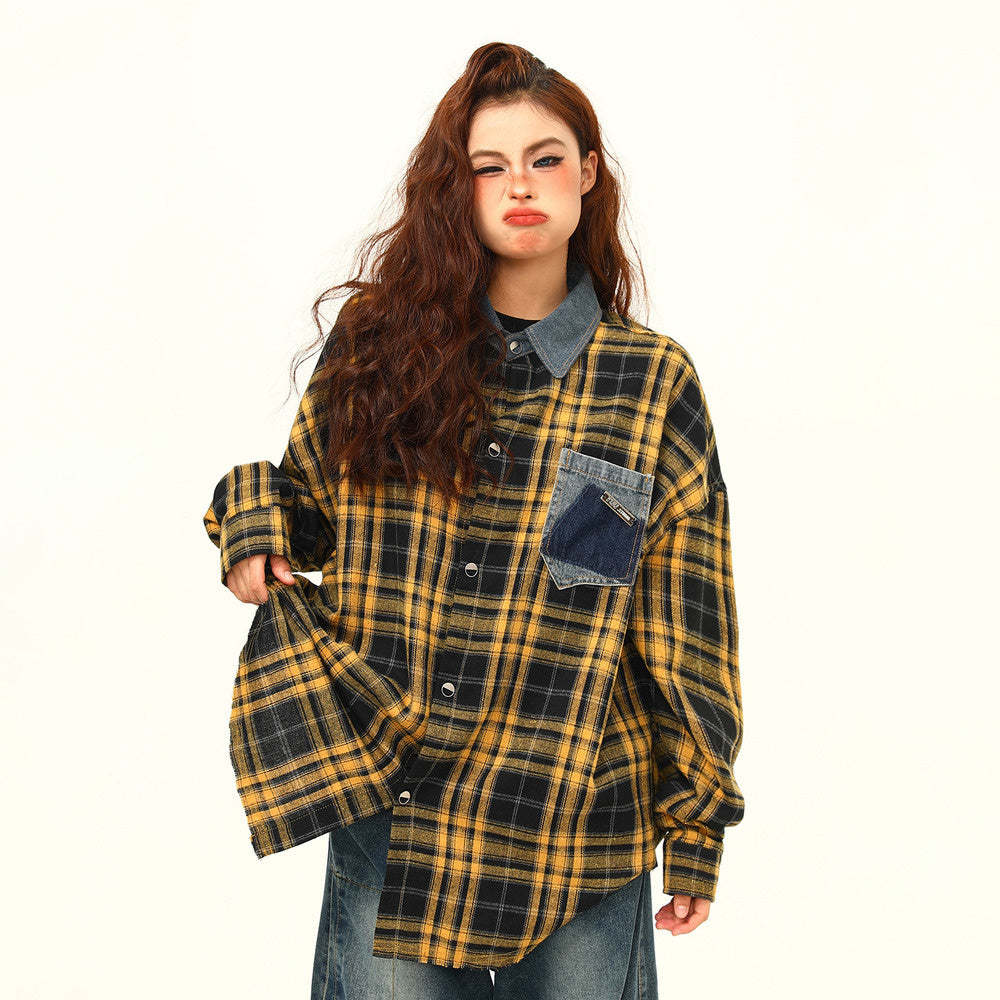 高級感外穿格子襯衫女復古寬鬆百搭早秋黃色格紋襯衣