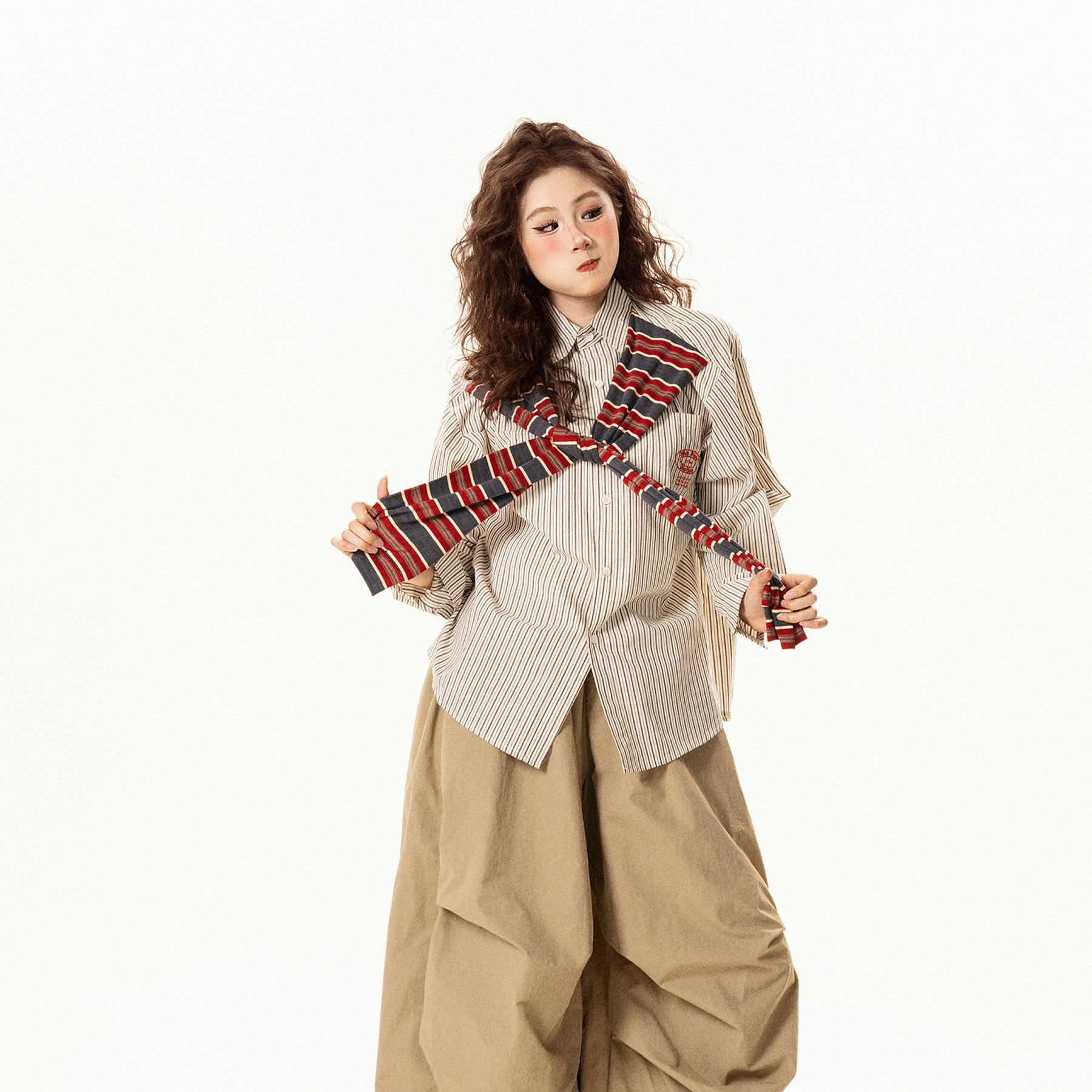 復古設計感披肩條紋長袖襯衫女秋季新款小眾寬鬆百搭襯衣