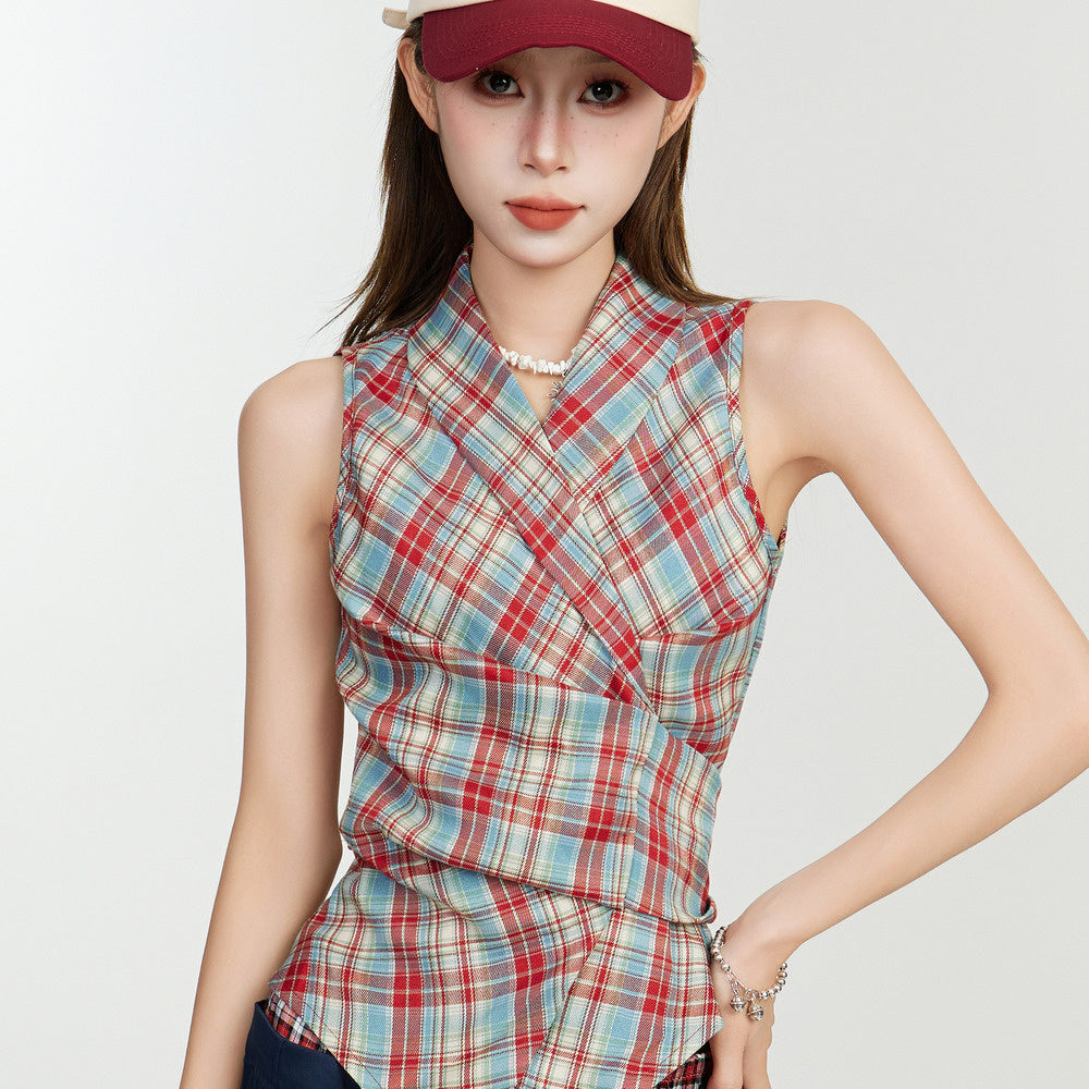 美式辣妹格紋無袖露肩吊帶背心女夏修身收腰設計感小眾多巴胺上衣