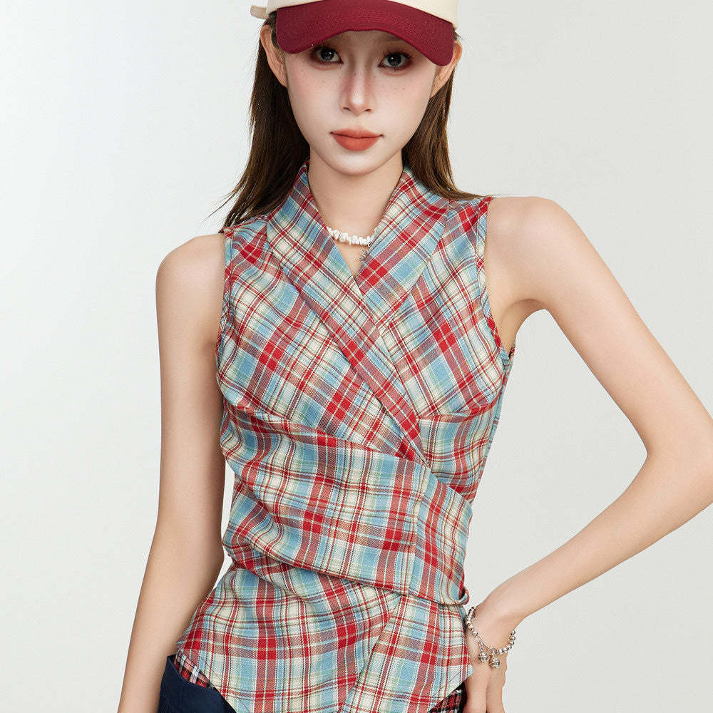 美式辣妹格紋無袖露肩吊帶背心女夏修身收腰設計感小眾多巴胺上衣