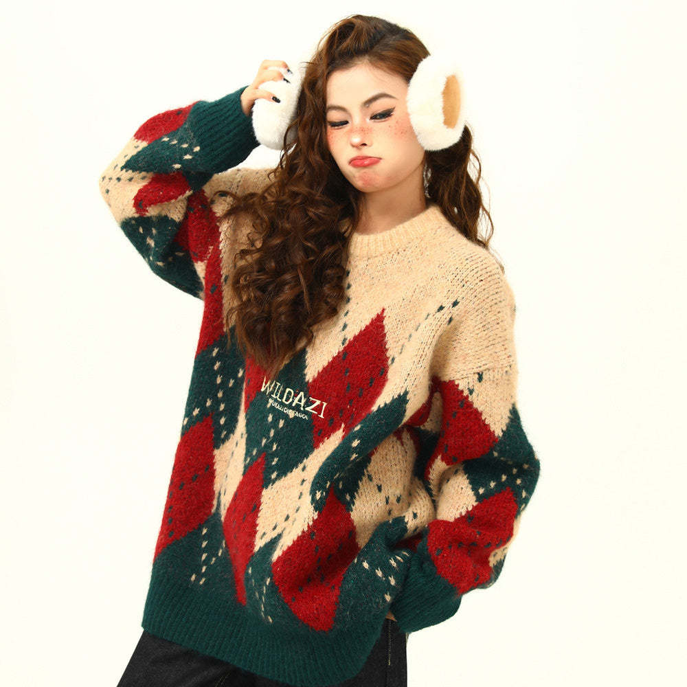 冬季復古氛圍感聖誕毛衣女寬鬆慵懶風針織衫上衣