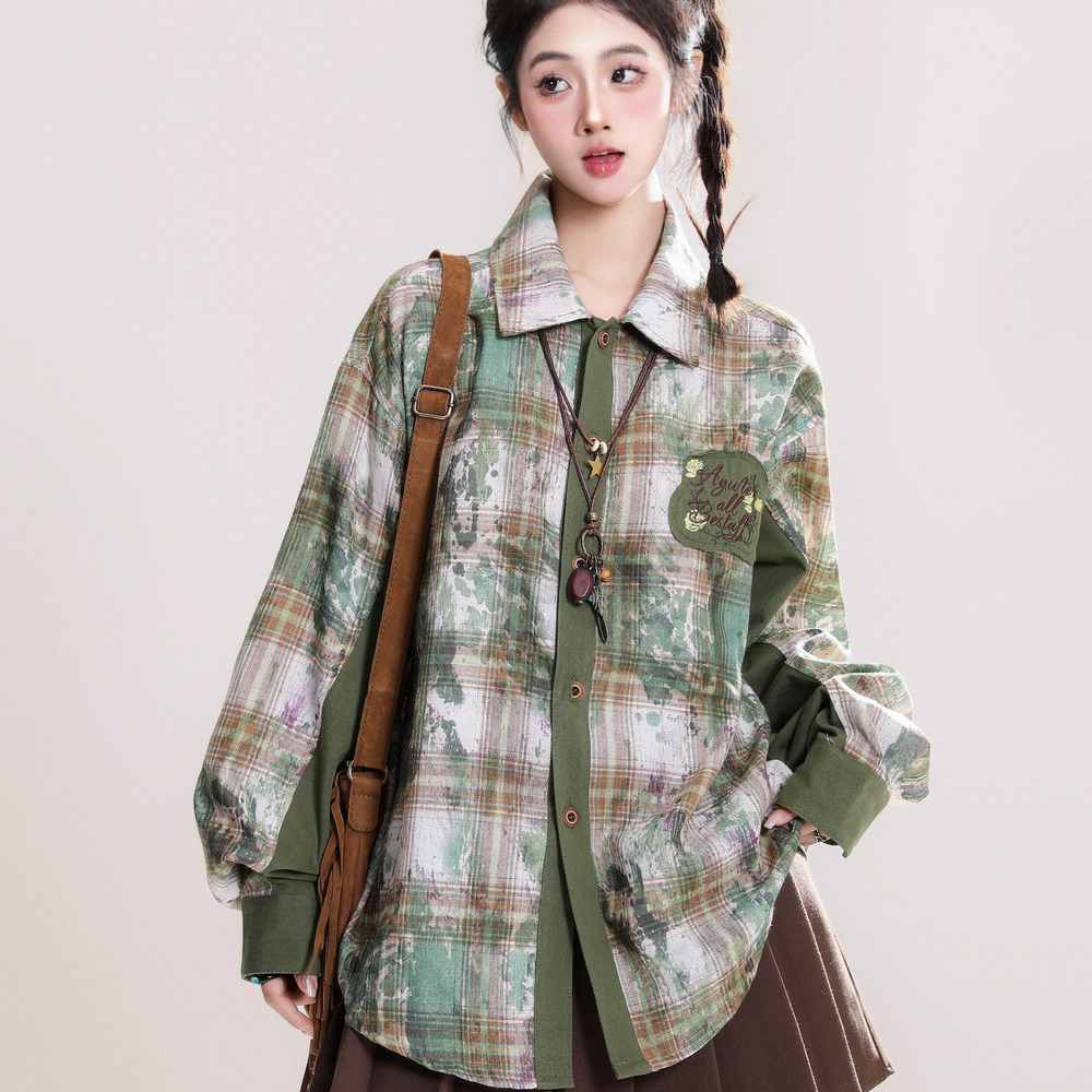 美式拼接格子紮染長袖襯衫女春秋學院風復古外套上衣