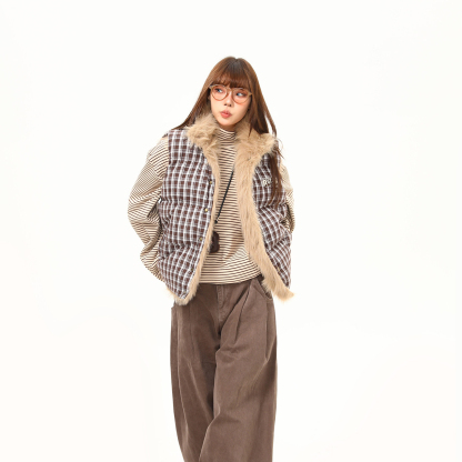 冬季新款毛絨雙面穿格子馬甲外套女高級感無袖棉服外套