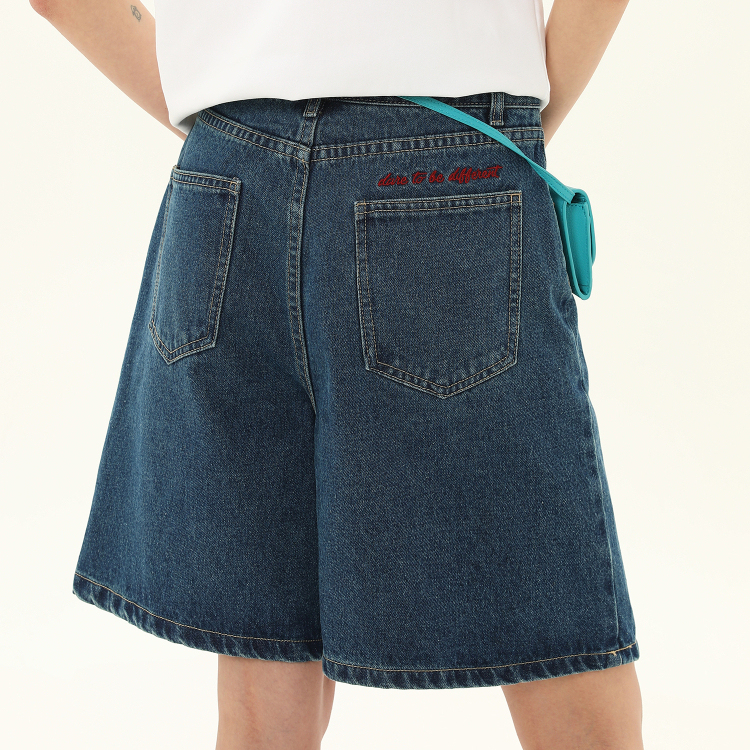 復古後口袋字母刺繡牛仔短褲女夏季中腰休閒闊腿五分褲