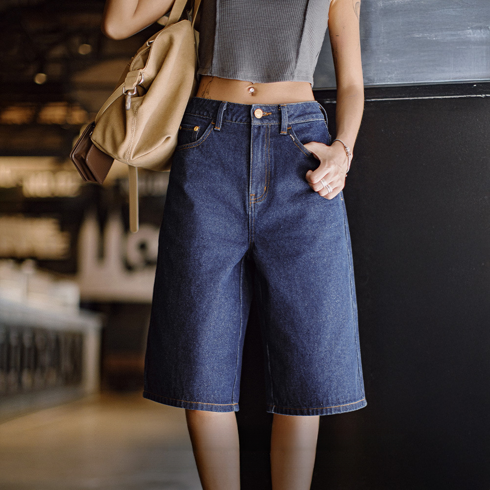 夏日復古深藍丹寧牛仔七分褲新款闊腿顯瘦小個子修腿型褲子女