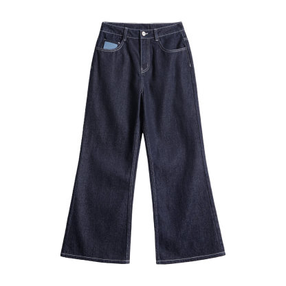 美式復古丹寧藍原色直筒闊腿水洗牛仔褲顯瘦休閒長褲子女士春