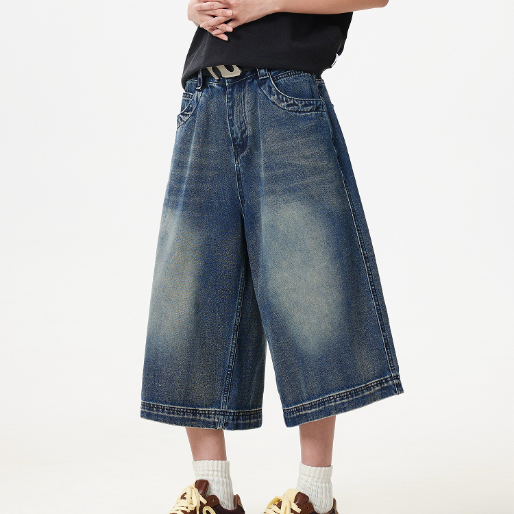 夏季美式復古水洗重磅七分牛仔褲女寬鬆闊腿潮牌短褲子