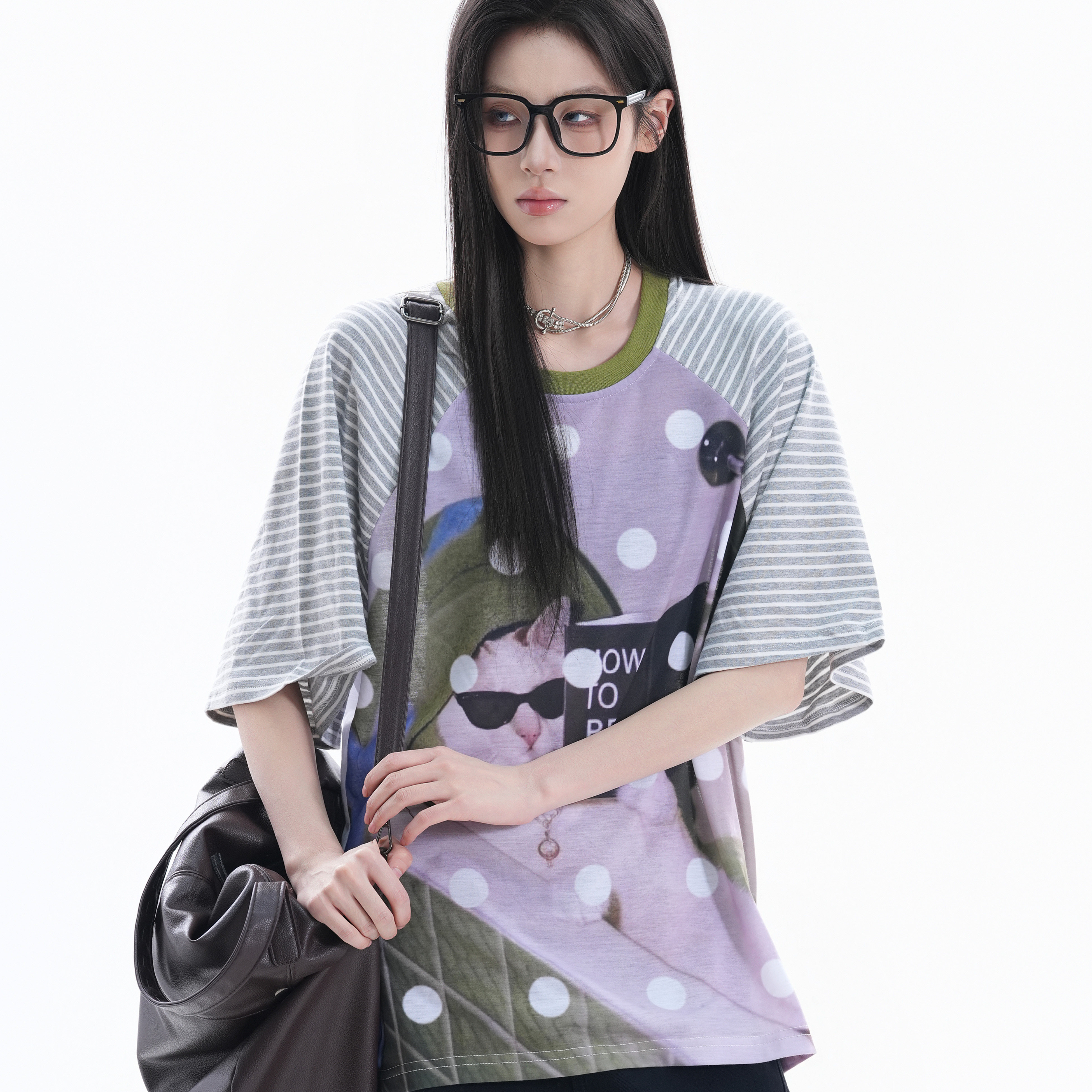 美式個性猫咪印花波點短袖上衣女設計感條紋插肩T恤