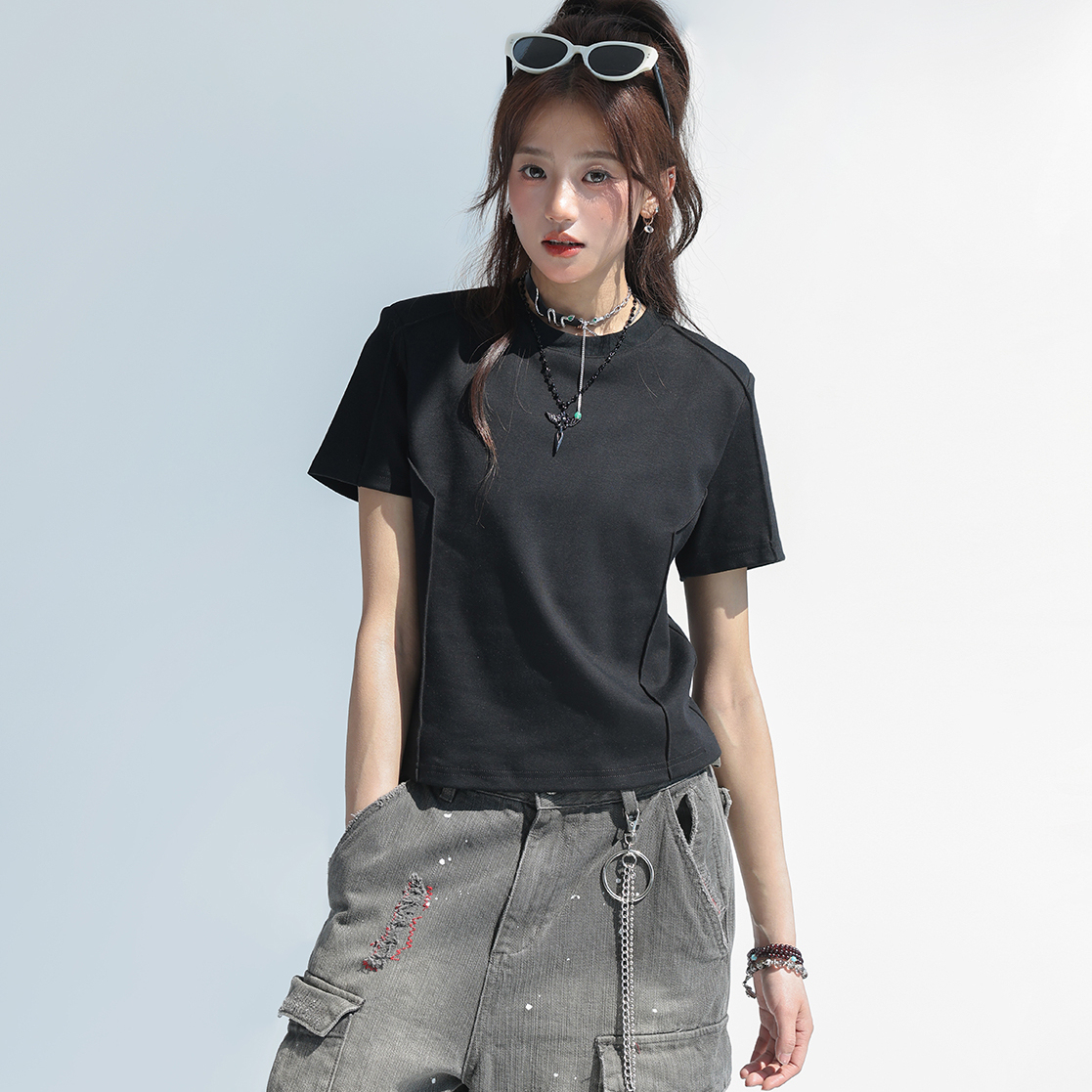 圓領正肩短袖女t恤2025新款魚骨設計感上衣修身顯瘦