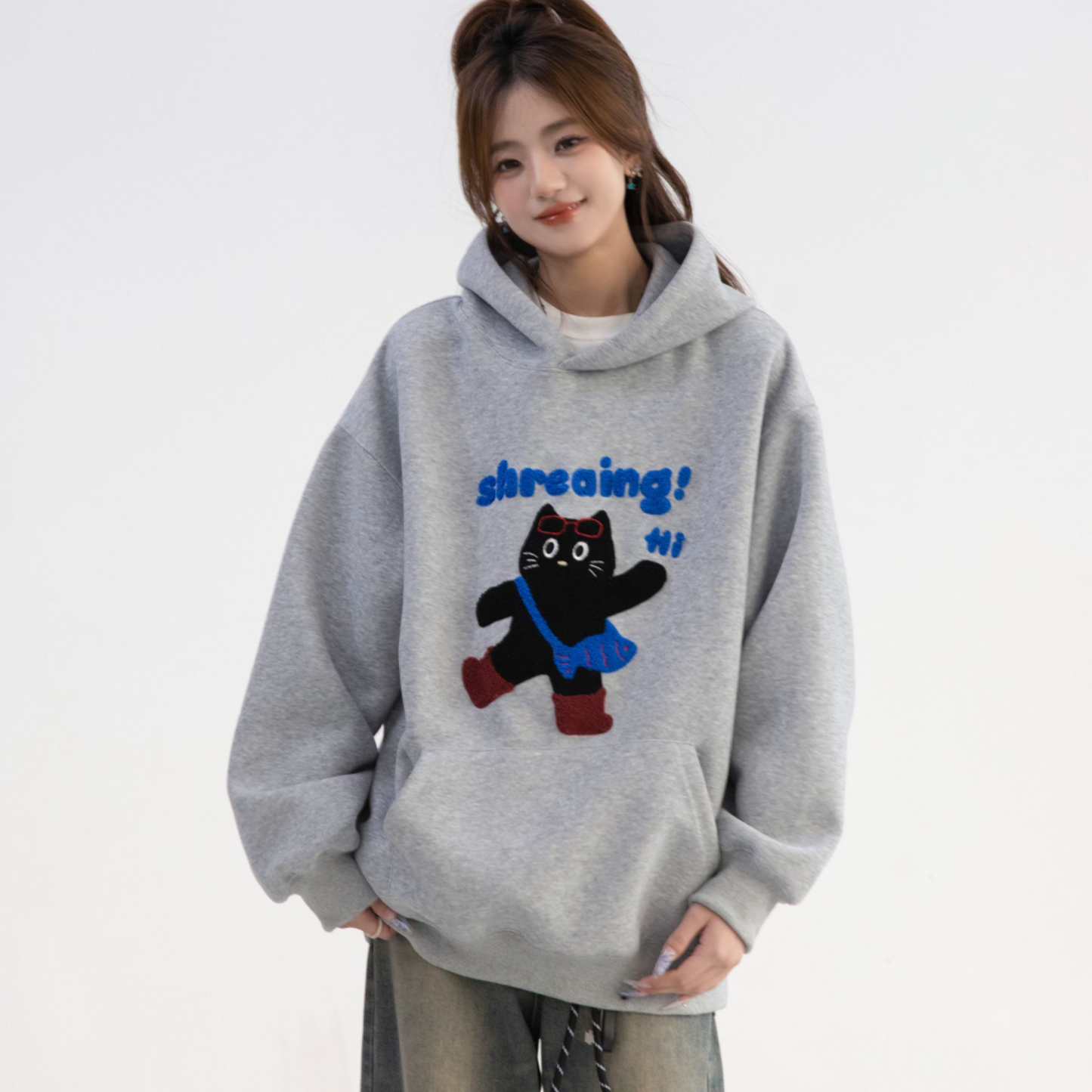 韓系可愛猫咪毛巾繡連帽衛衣女款小個子寬鬆長袖上衣