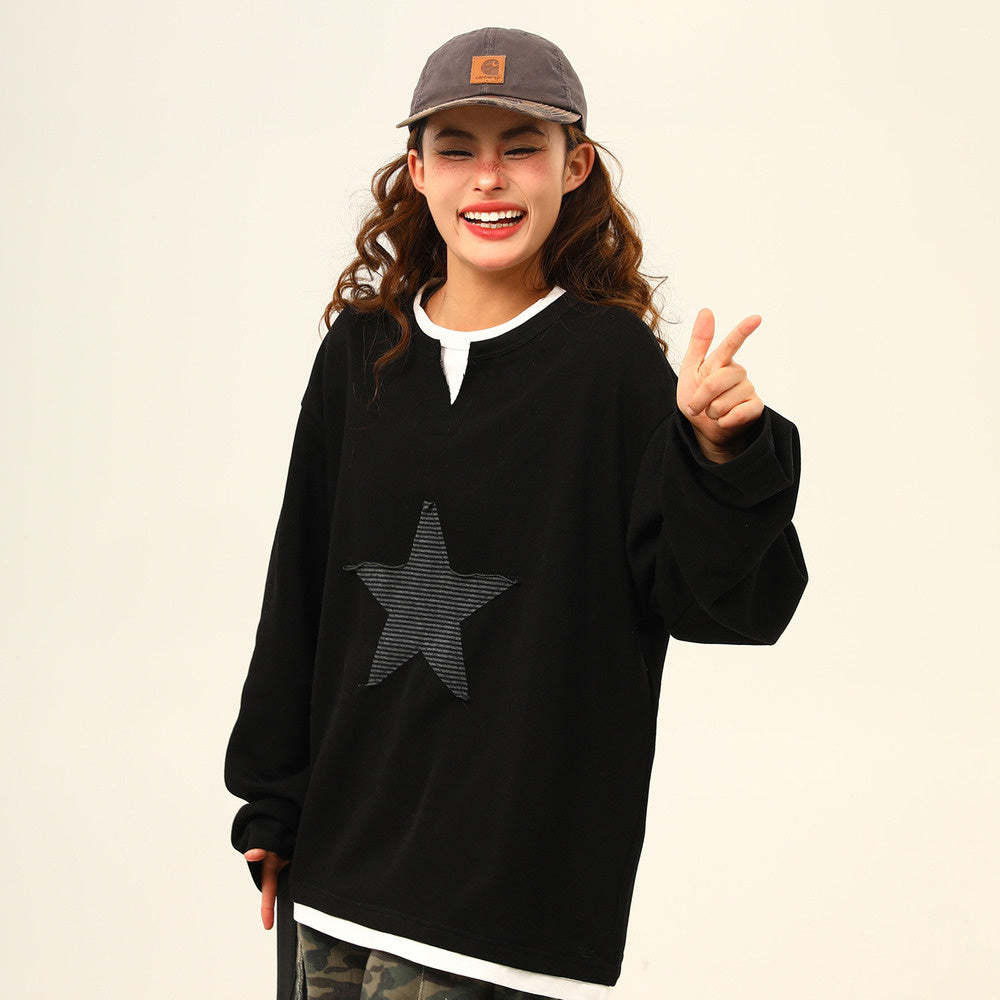 美式復古星星貼布亨利領高級感長袖衛衣女百搭上衣