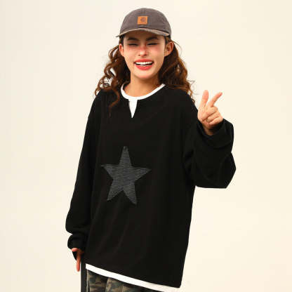 美式復古星星貼布亨利領高級感長袖衛衣女百搭上衣
