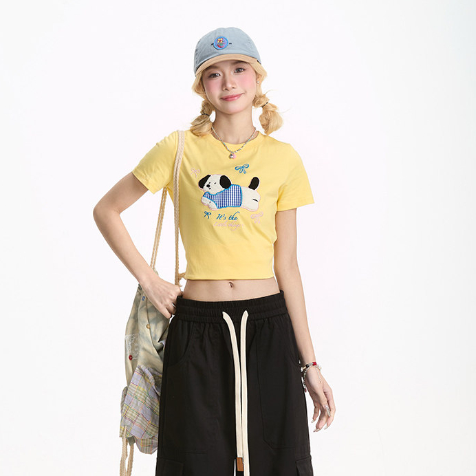 短袖女甜酷小狗植絨减齡T恤夏季修身顯瘦小個子百搭上衣