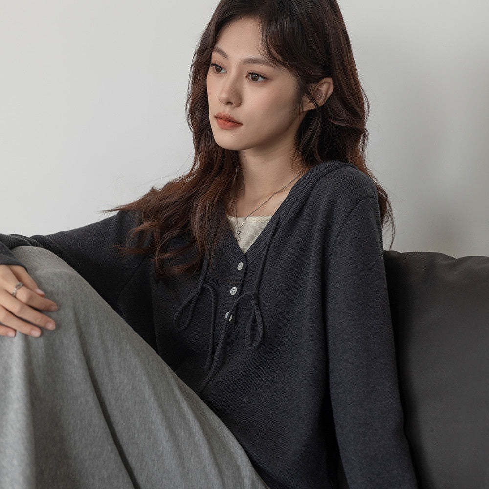 深灰色假兩件連帽針織衫女2025春季修身顯瘦上衣