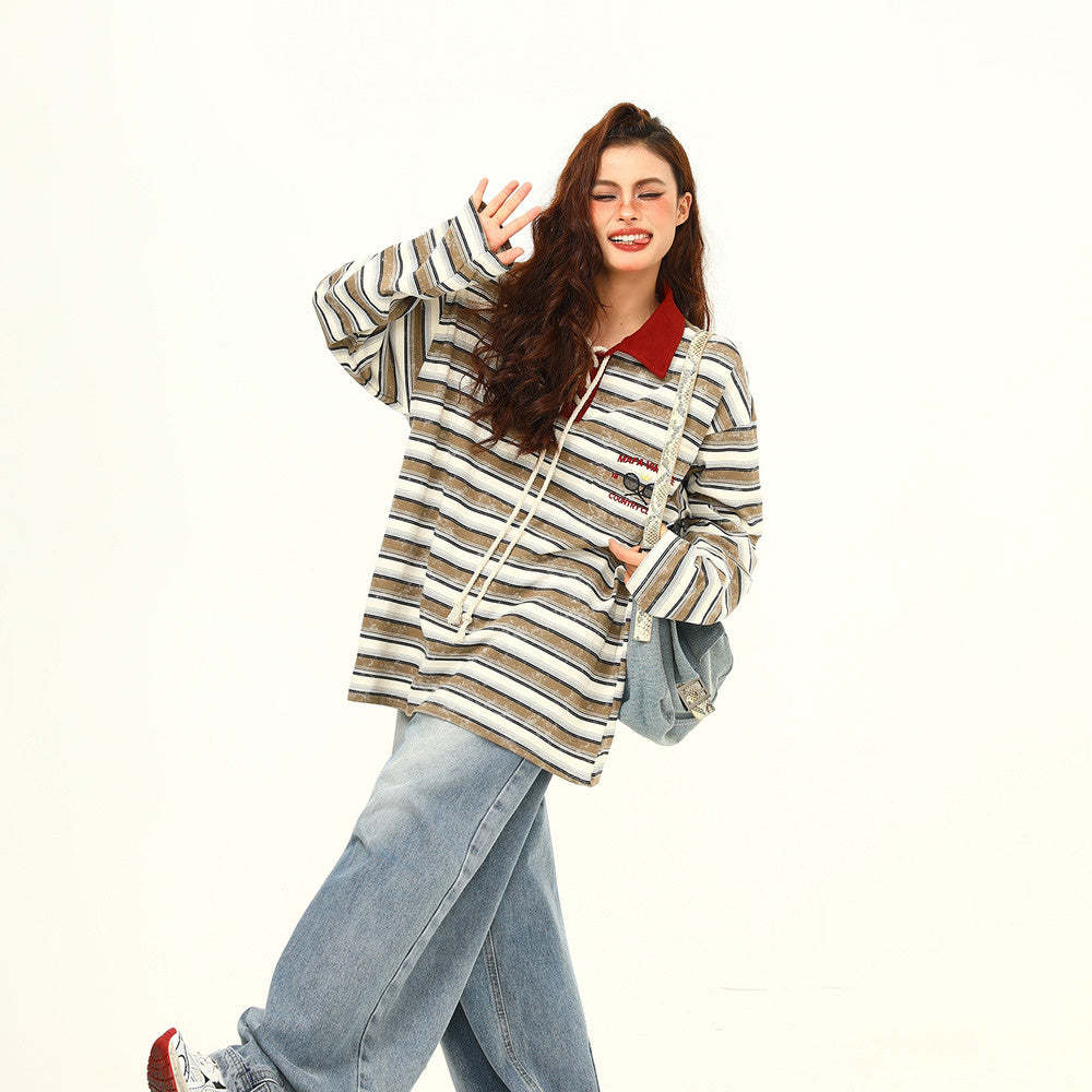 秋季新款美式復古條紋長袖T恤女撞色氛圍感休閒上衣