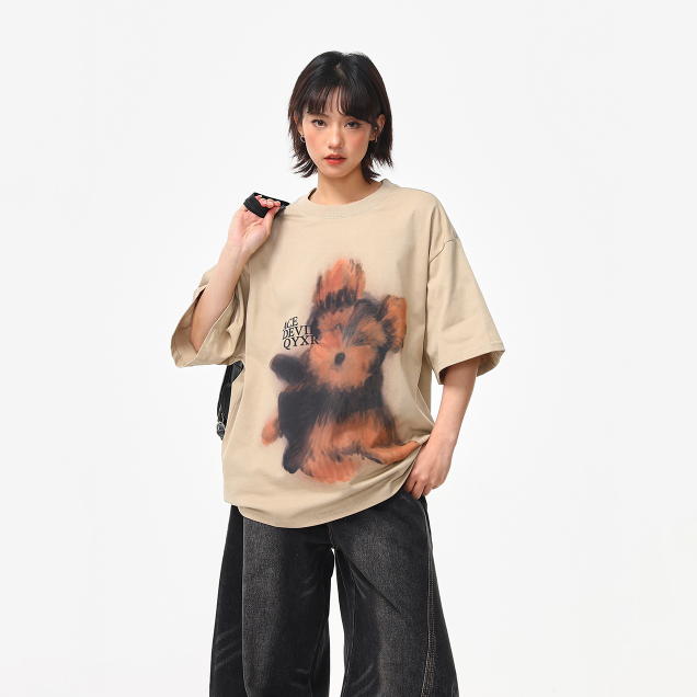 美式復古手繪小狗印花短袖T恤女夏季寬鬆百搭圓領上衣