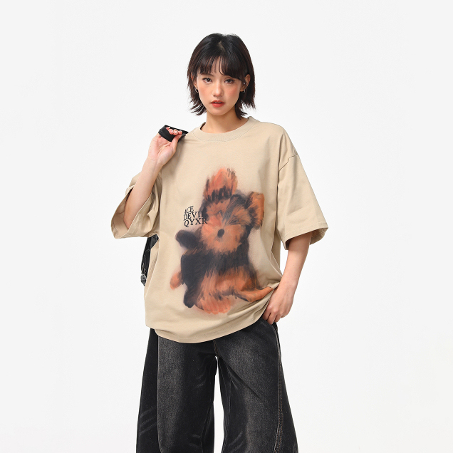 美式復古手繪小狗印花短袖T恤女夏季寬鬆百搭圓領上衣