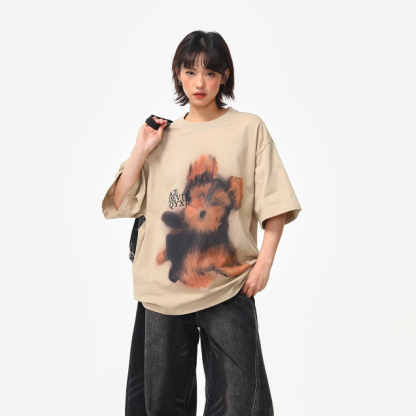 美式復古手繪小狗印花短袖T恤女夏季寬鬆百搭圓領上衣