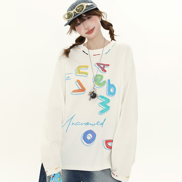 美式復古卡通印花長袖T恤女秋季新款寬鬆顯瘦百搭上衣