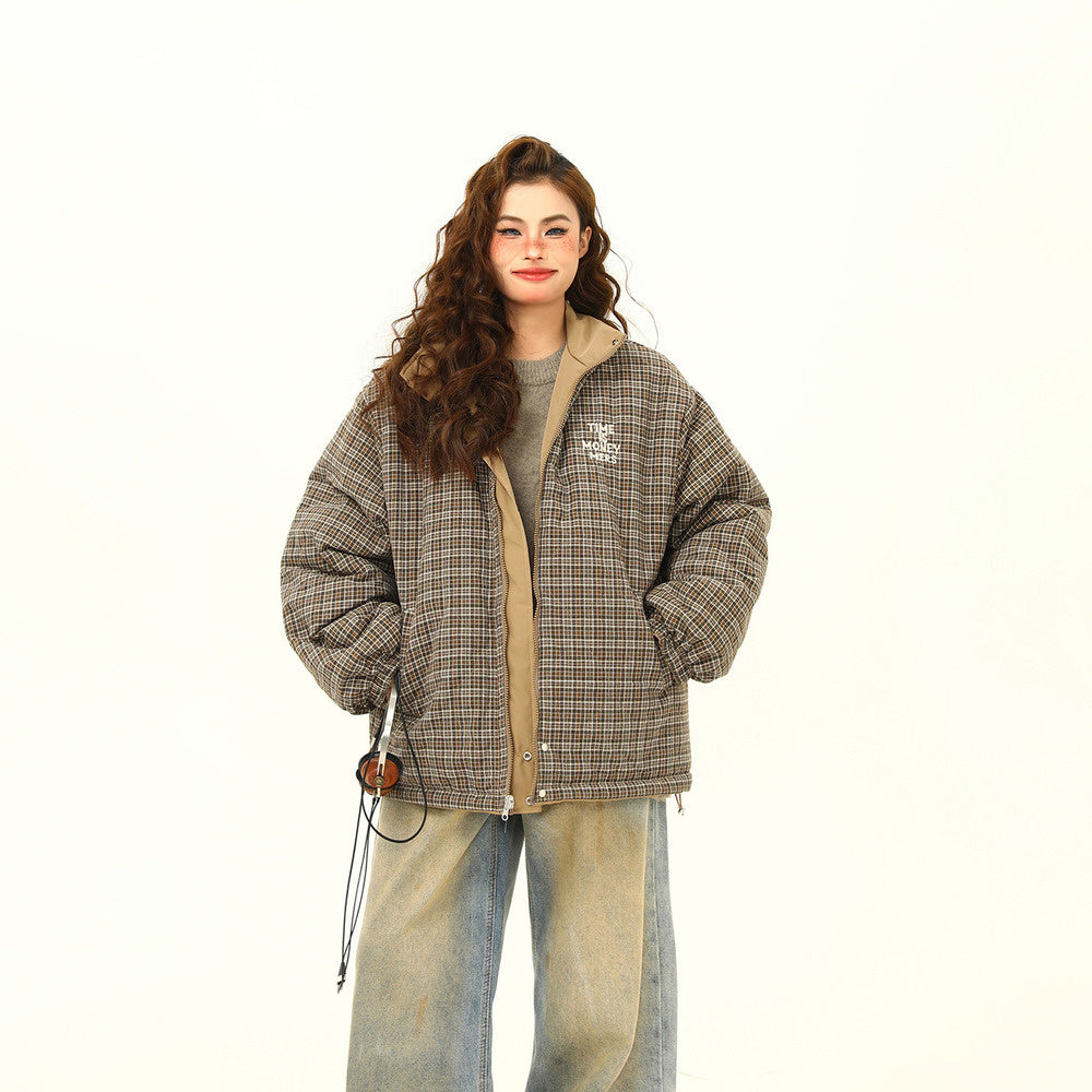 美式復古雙面穿格子棉服外套女冬季小眾設計潮牌保暖棉衣