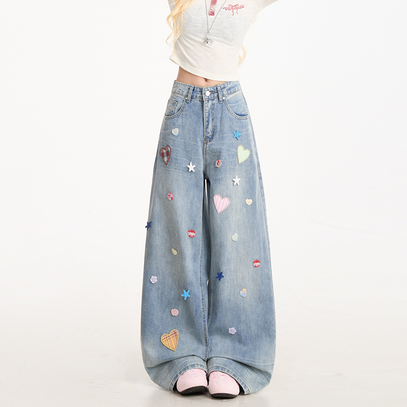 愛心貼布星星紐扣裝潢牛仔褲女復古做舊水洗闊腿直筒褲子
