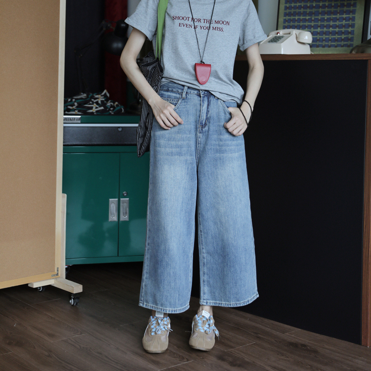 復古九分闊腿牛仔褲女高腰顯瘦直筒休閒褲夏薄款