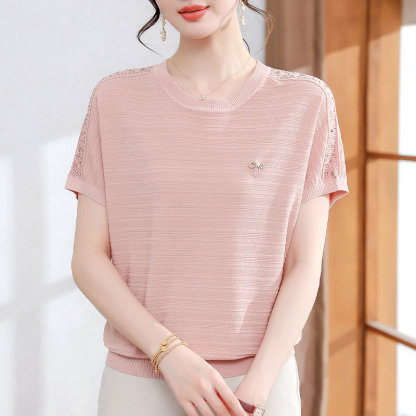 夏裝寬鬆冰絲小衫2026新款中老年女裝短袖針織時尚大碼上衣