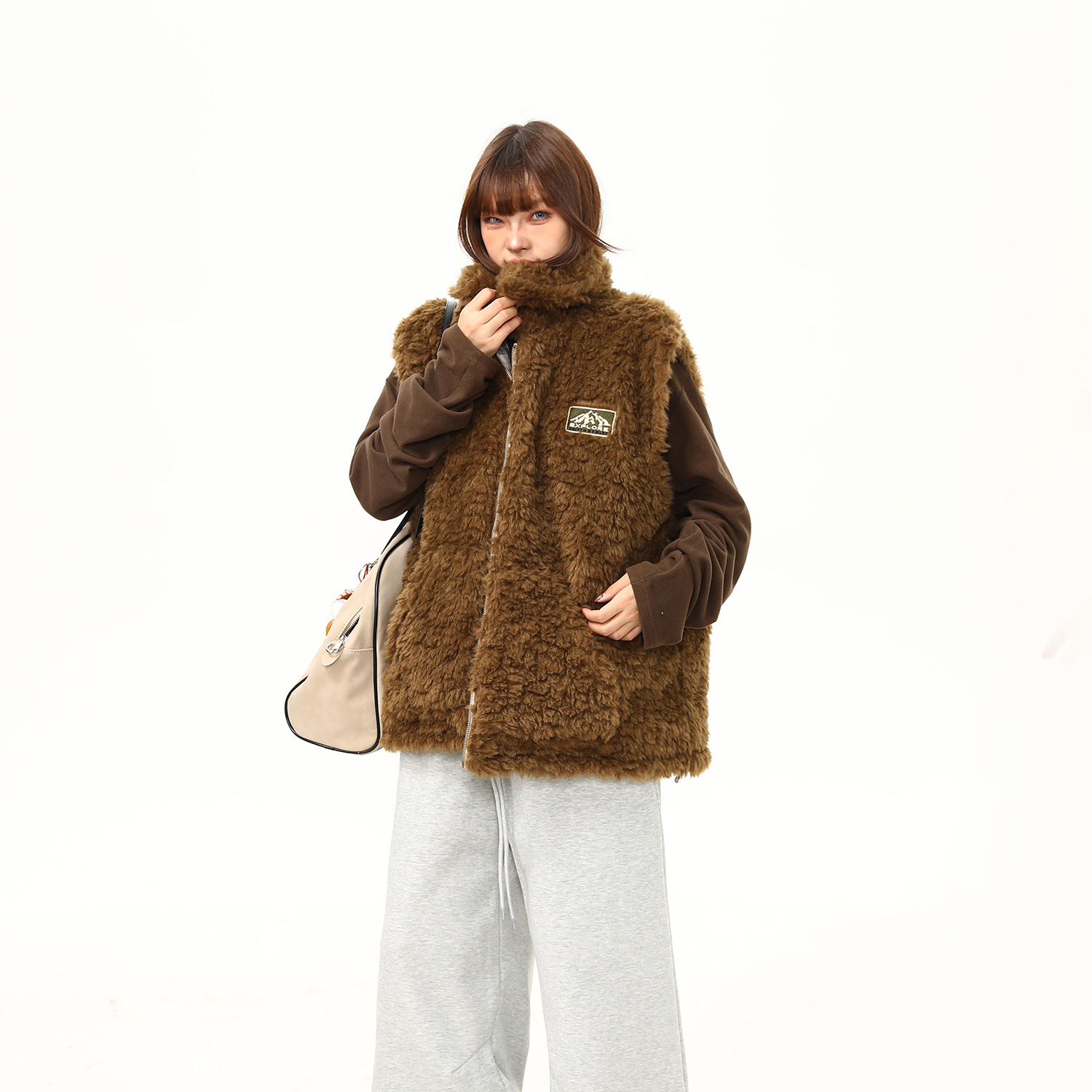 美式復古格紋羊羔毛雙面穿棉服馬甲外套女冬季加厚棉襖