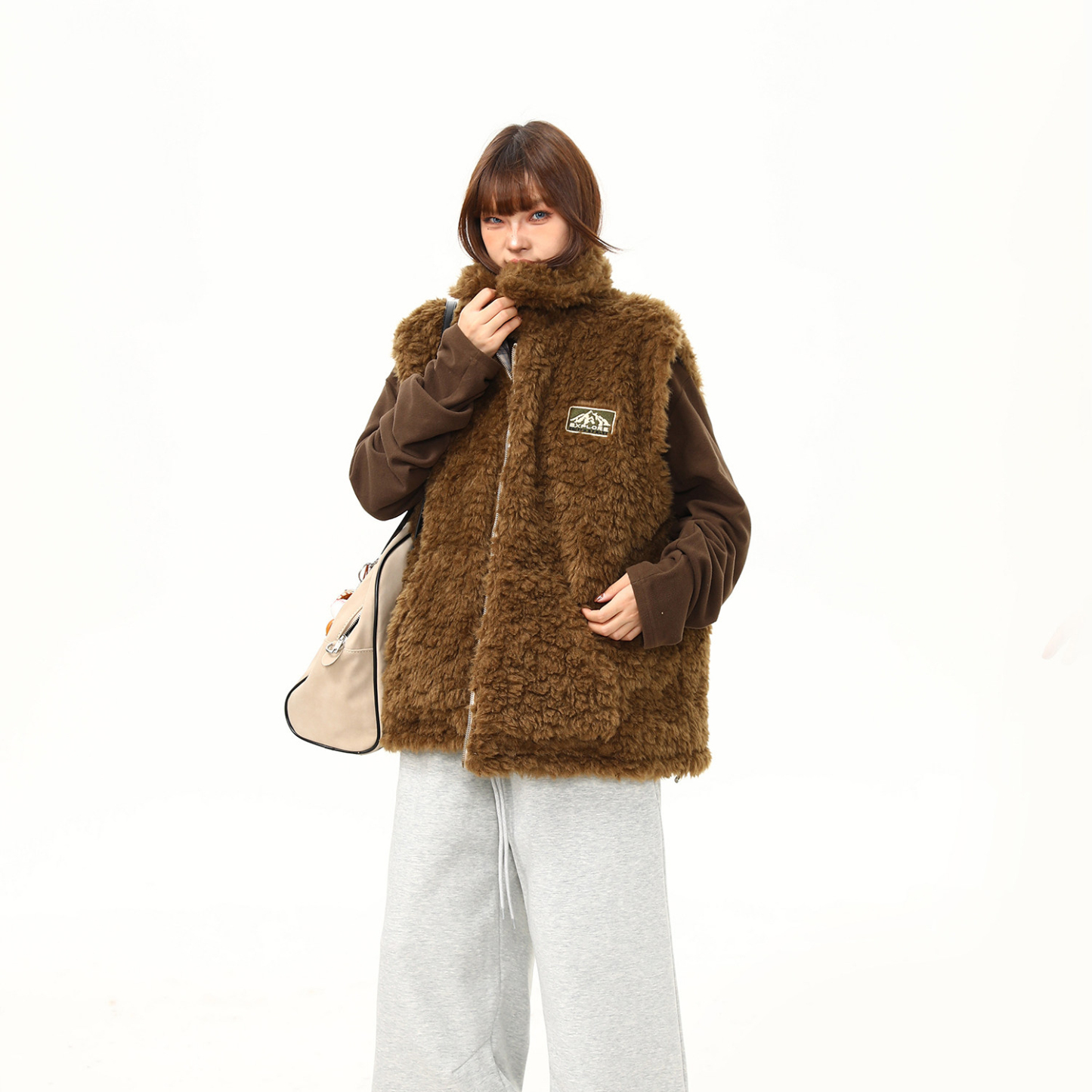 美式復古格紋羊羔毛雙面穿棉服馬甲外套女冬季加厚棉襖