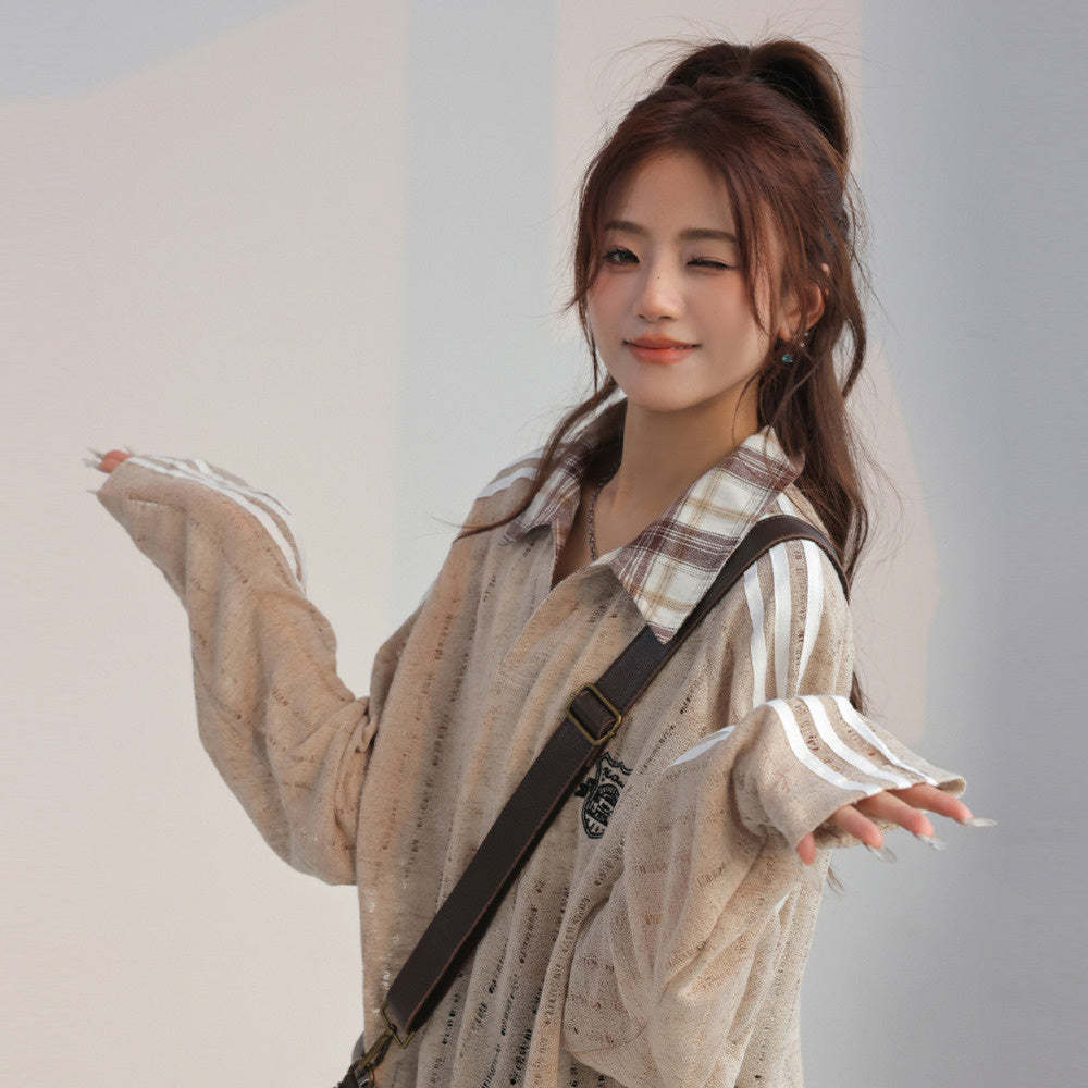 美式復古格子拼接假兩件polo衛衣女春秋鏤空長袖上衣