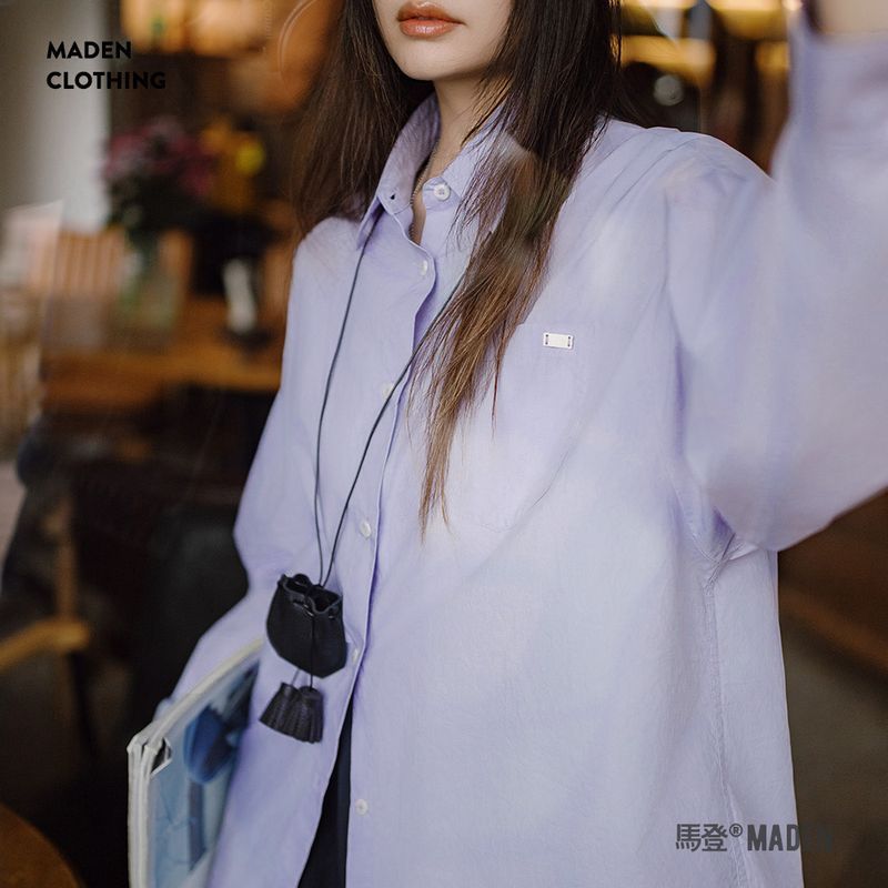 淺春系慵懶風oversize襯衫褶皺袖口度假風外套多巴胺上衣春女