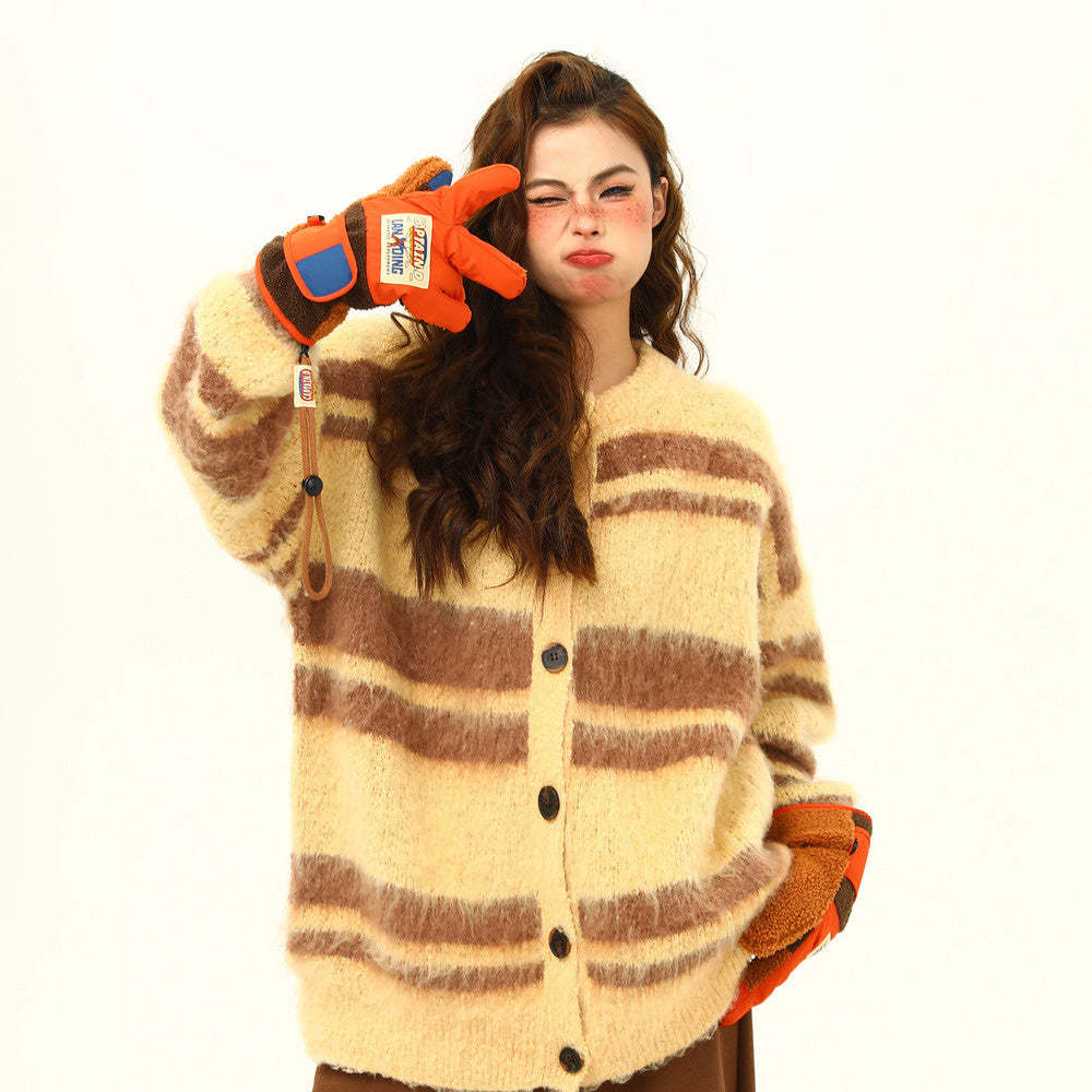 美式復古軟糯仿貂毛針織衫外套女秋冬條紋慵懶寬鬆外套