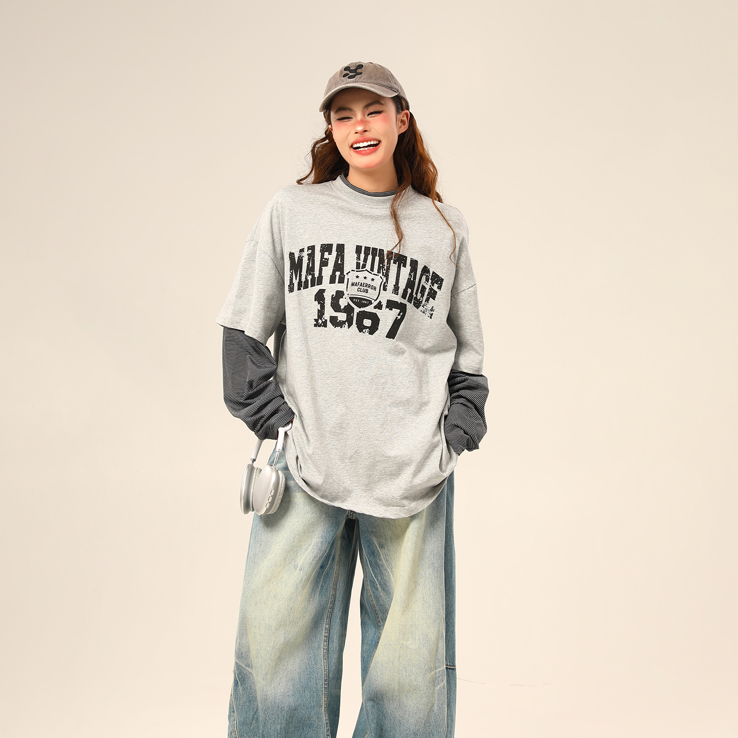 美式復古假兩件長袖衛衣女字母印花百搭上衣