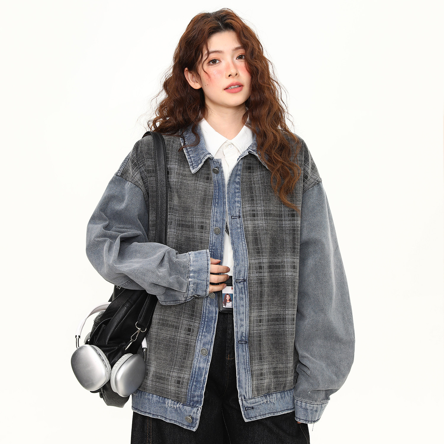 美式復古水洗格紋拼接牛仔外套女春季新款重磅潮牌夾克