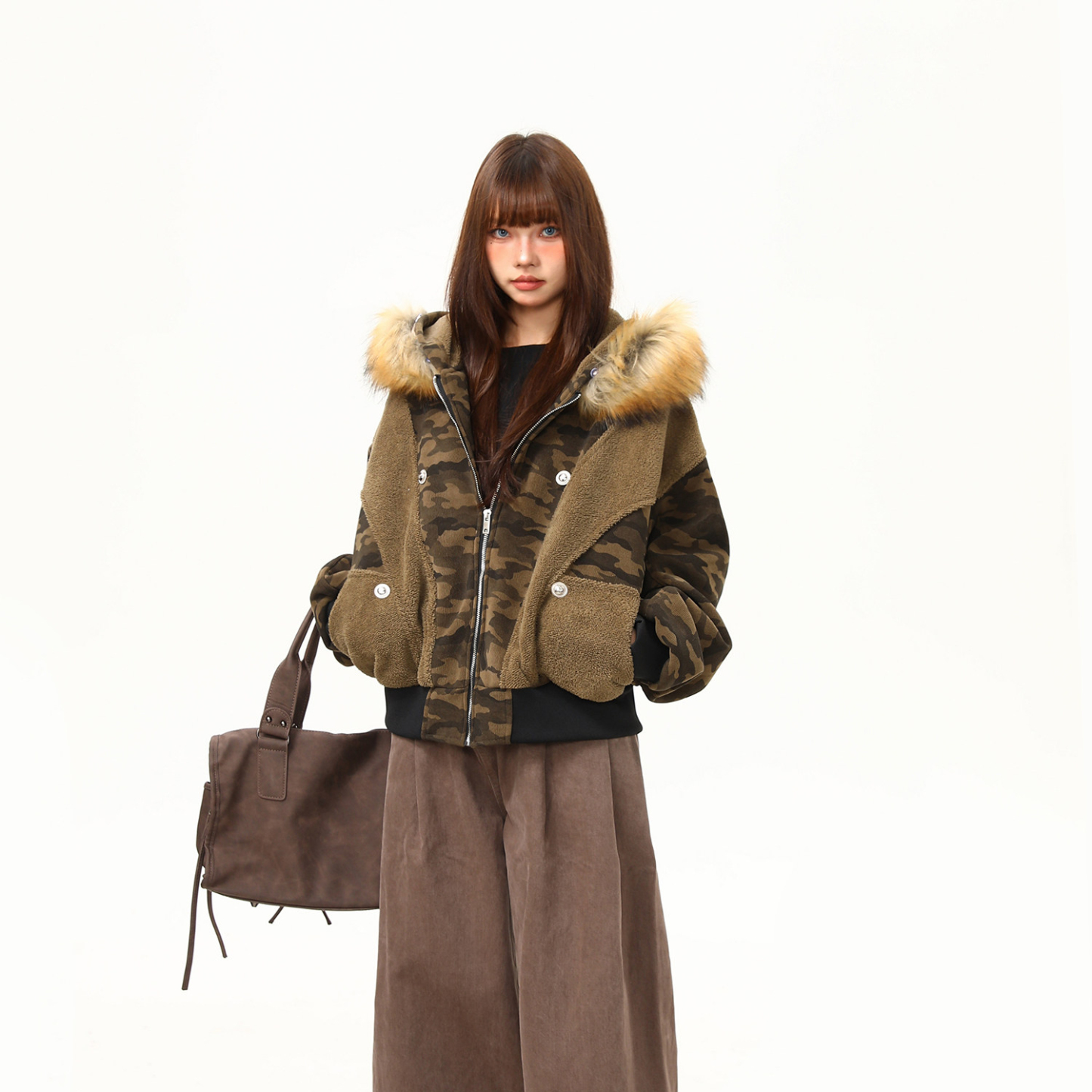 美式街頭迷彩拼接毛領外套女冬季保暖加絨短款棉服棉襖